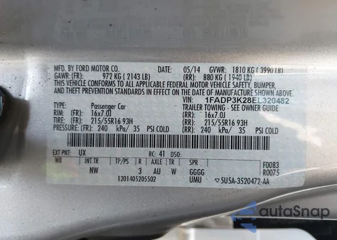 2014 Ford Focus Se z USA, uszkodzony, nr VIN 1FADP3K28EL320482